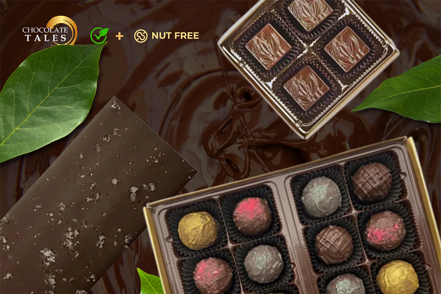 Close-up of Nut free Vegan Chocolate Bar, Chocolate Balls and Chocolate Bites