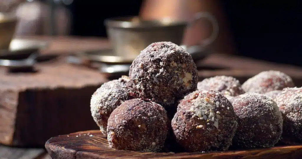 Dark Chocolate truffle stacked on top of each other.
