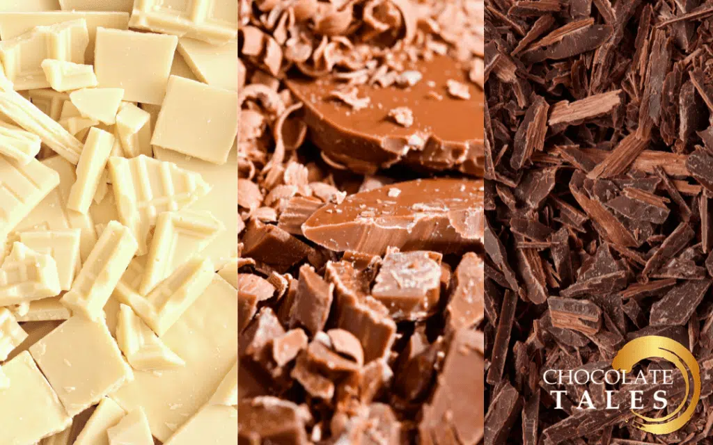 This image features different types of chocolate: white chocolate, milk chocolate and dark chocolate.